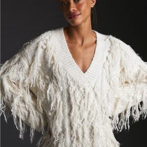 Anthropologie Fringe Cozy Cream Pull-Over Sweater- Small